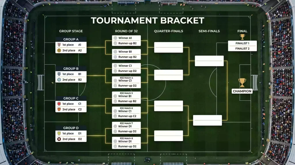48-team World Cup format diagram showing 12 groups feeding into Round of 32 knockout bracket structure