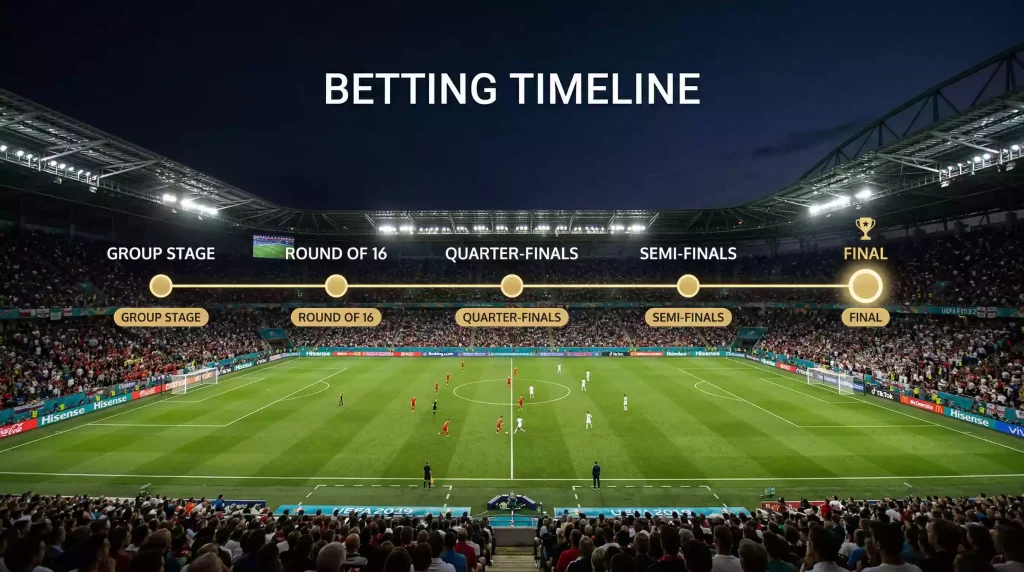 Timeline showing optimal betting windows across World Cup tournament phases from pre-tournament outrights through knockout rounds