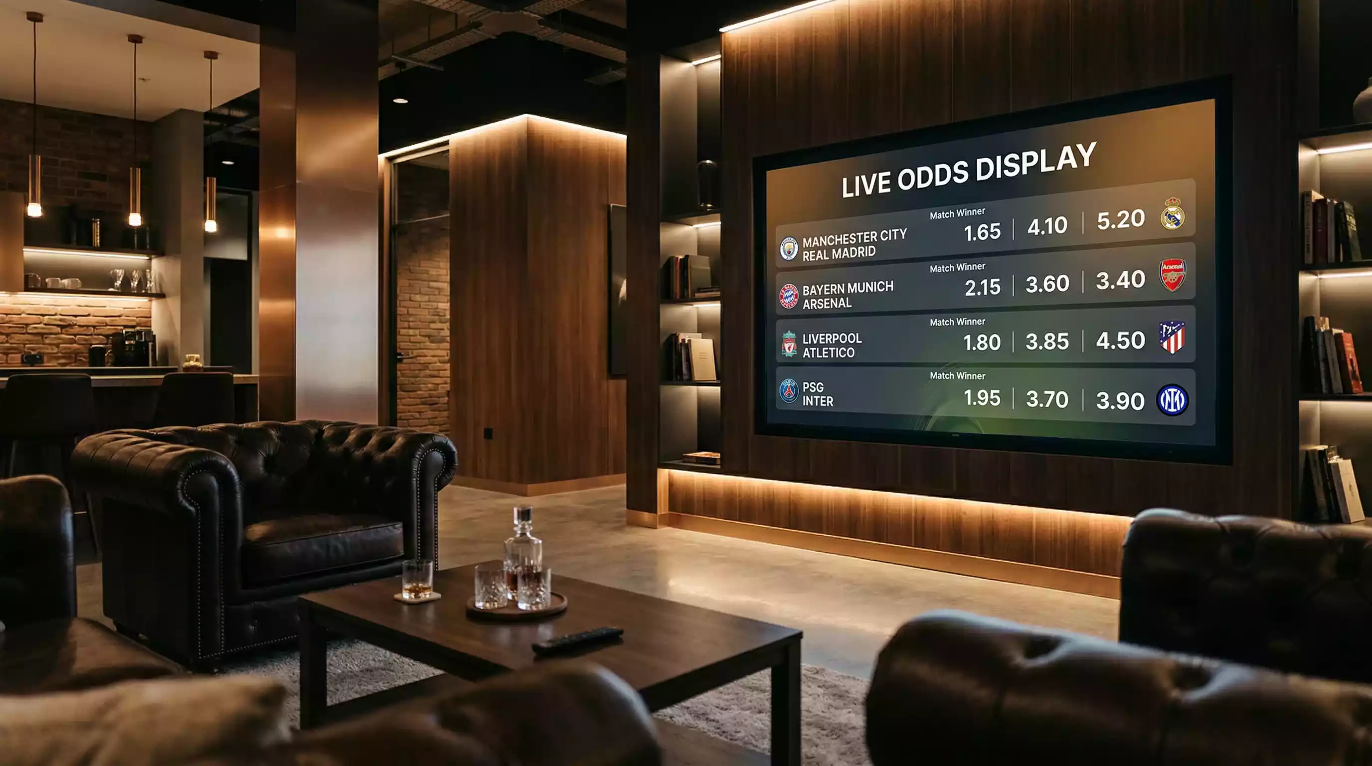 Digital display board showing live football betting odds at a modern sportsbook