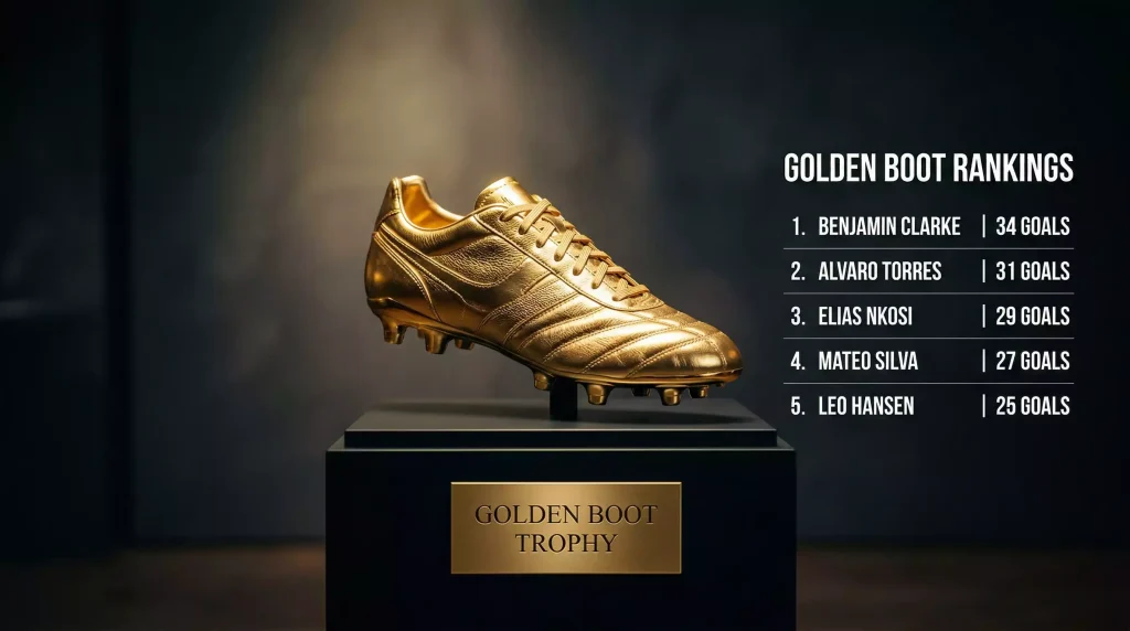 Golden Boot trophy with World Cup 2026 branding and top scorer statistics display