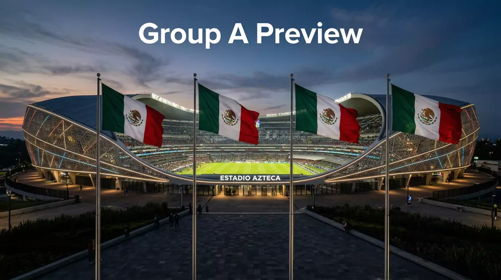 World Cup 2026 Group A featuring Mexico, South Africa, South Korea and Czechia national team emblems