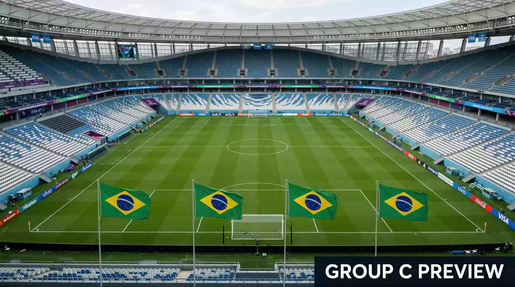 World Cup 2026 Group C featuring Brazil, Morocco, Haiti and Scotland national team emblems