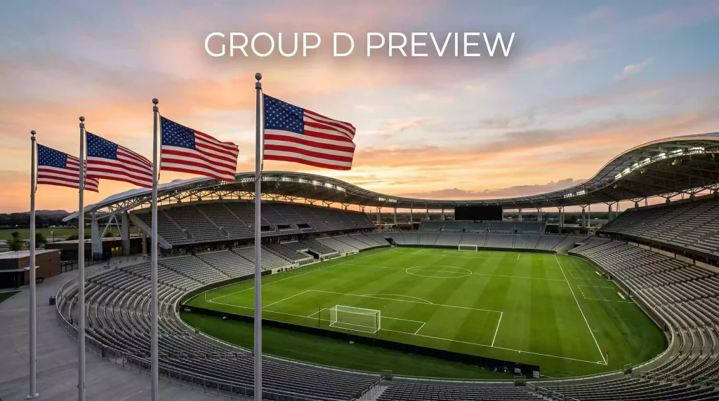 World Cup 2026 Group D featuring USA, Australia, Paraguay and Türkiye national team crests against stadium backdrop