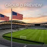 World Cup 2026 Group D featuring USA, Australia, Paraguay and Türkiye national team crests against stadium backdrop