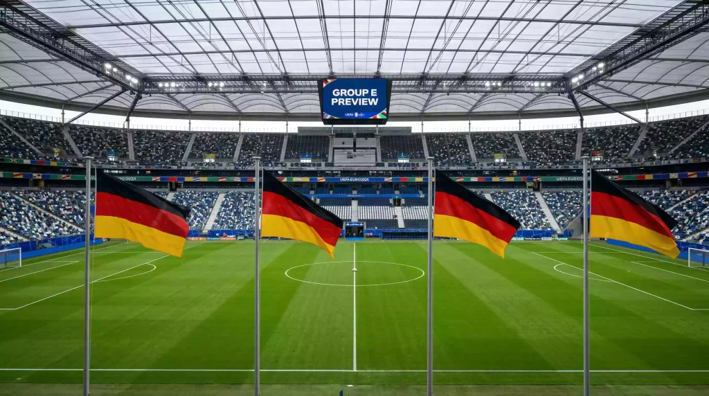 World Cup 2026 Group E featuring Germany, Ivory Coast, Curaçao and Ecuador national team emblems