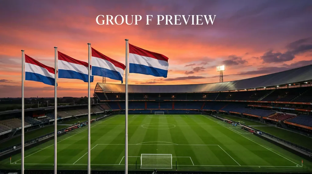 World Cup 2026 Group F featuring Netherlands, Japan, Sweden and Tunisia national team emblems