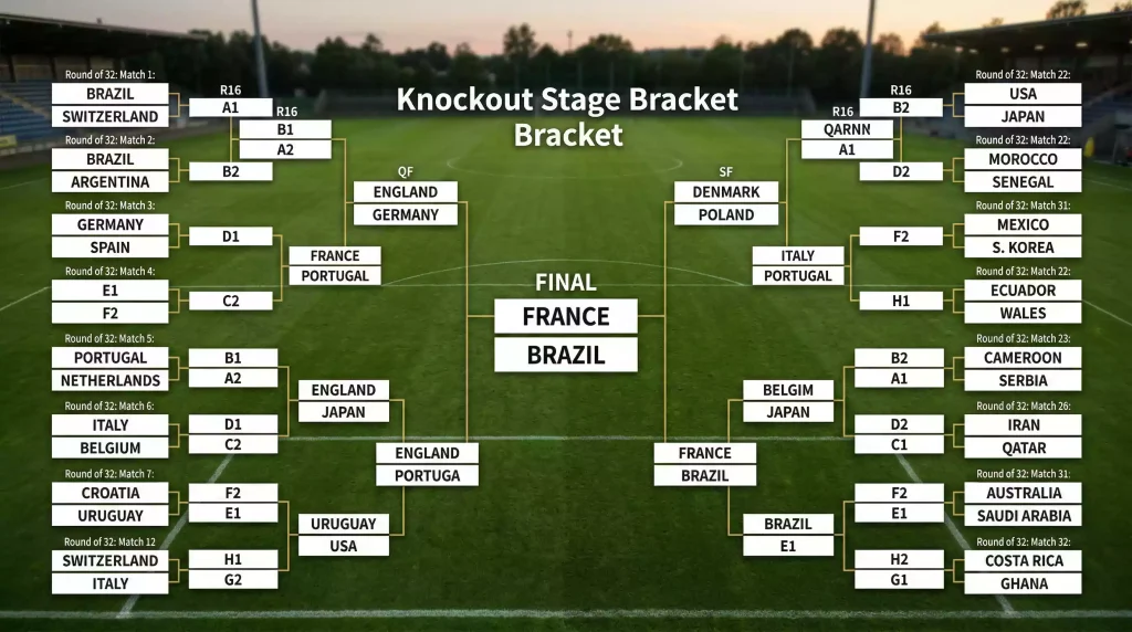 World Cup 2026 knockout bracket showing Round of 32 matchups and progression paths