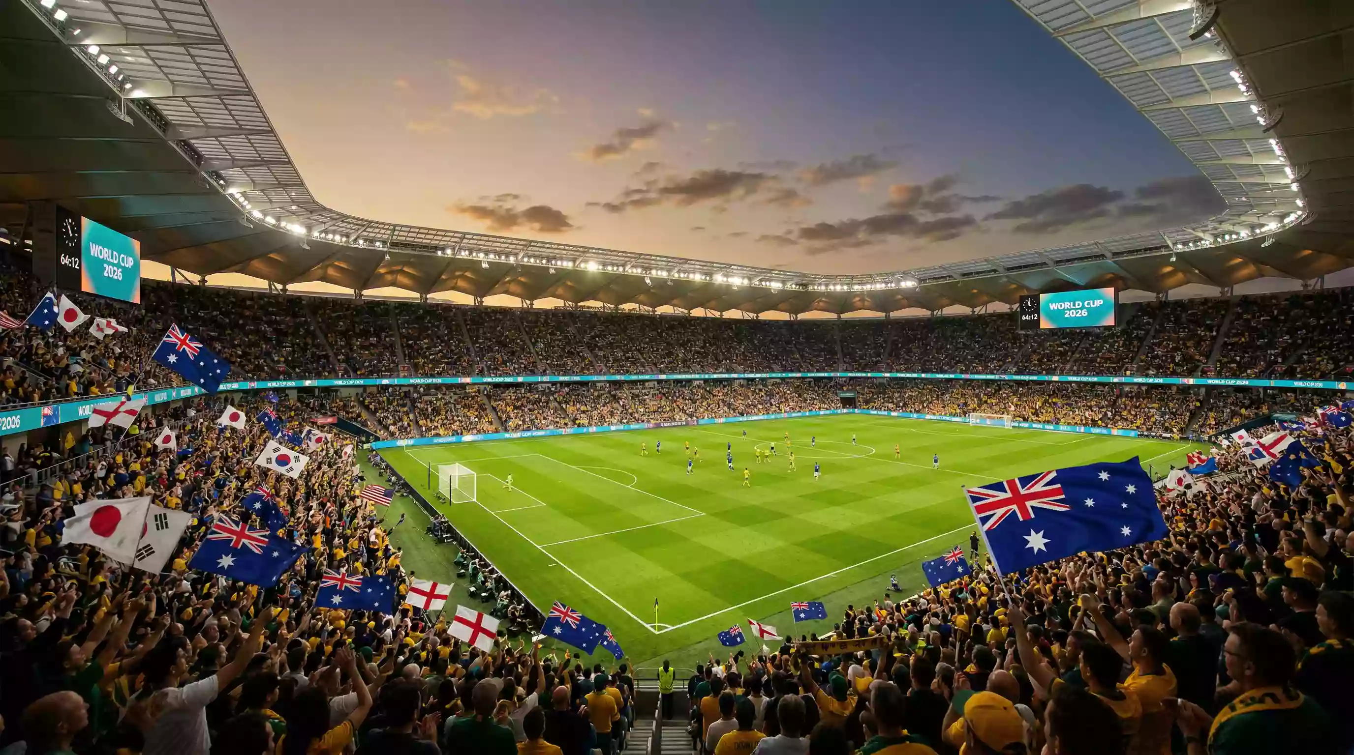 World Cup 2026 stadium filled with supporters waving flags from competing nations
