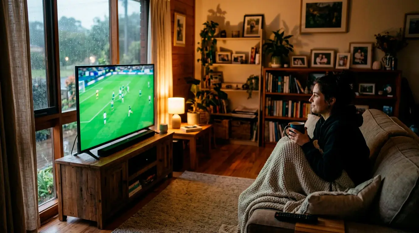 A person watching a football match on a television early in the morning at home in Australia