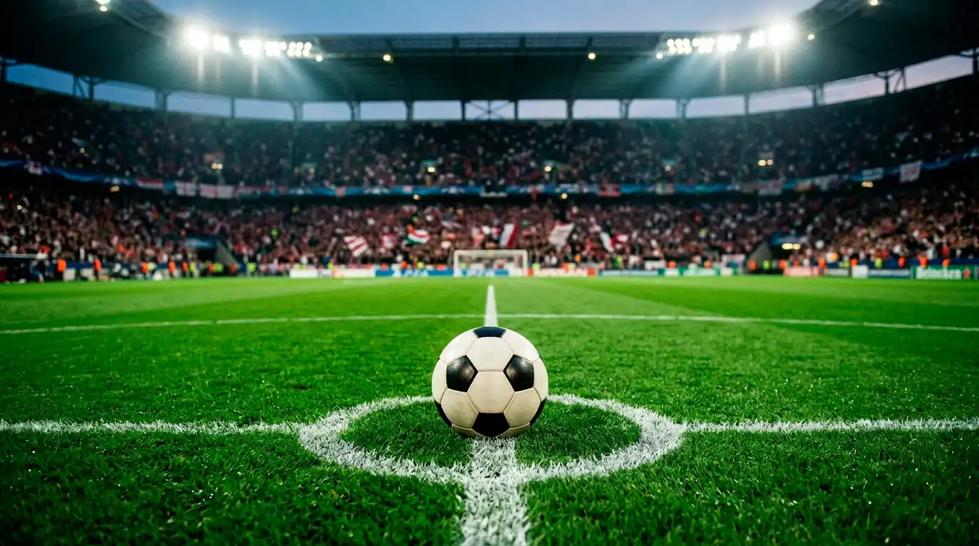 A football on the centre spot of a floodlit pitch before a big World Cup match kicks off