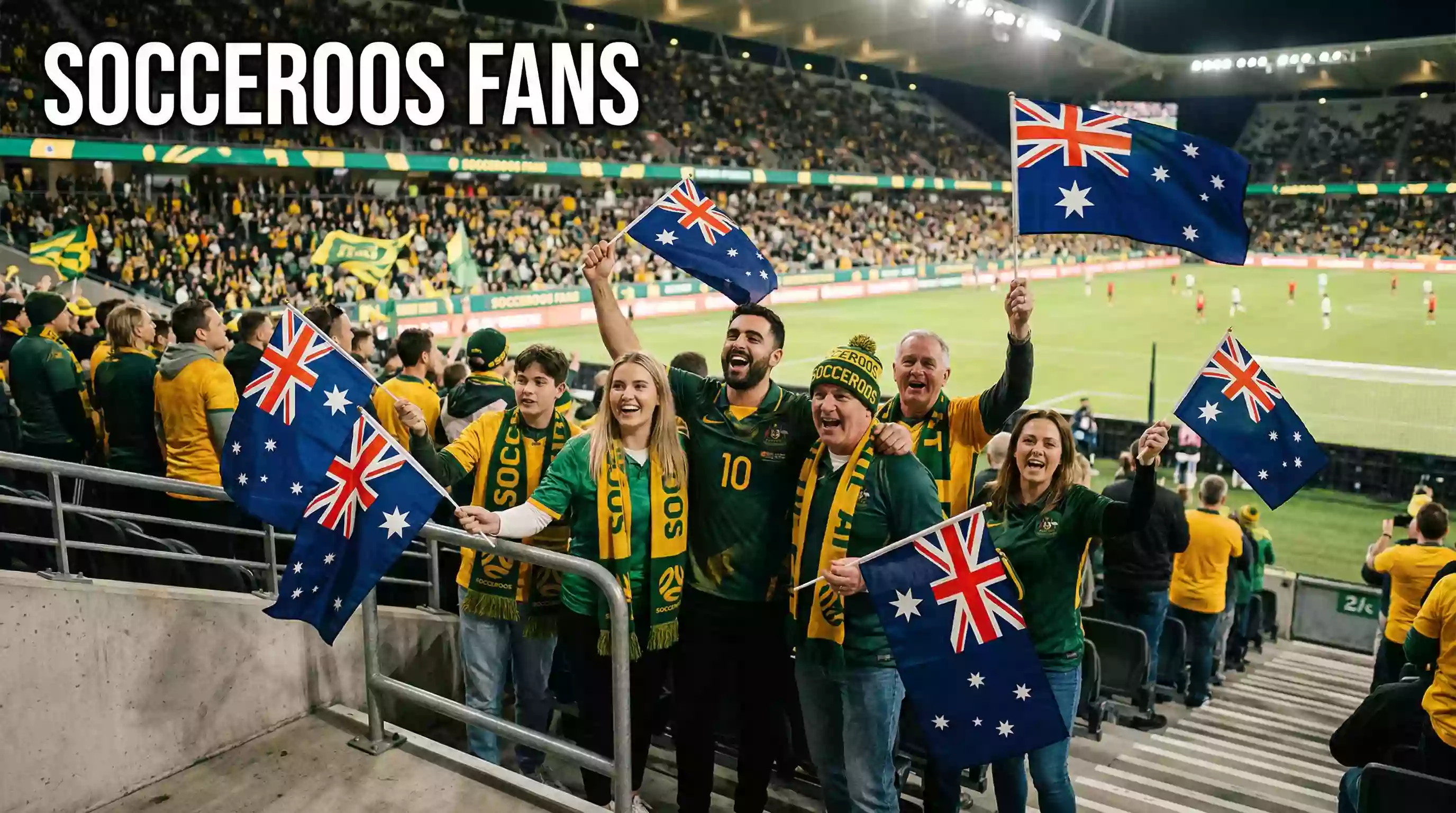 Australian Socceroos supporters in green and gold celebrating at a World Cup match