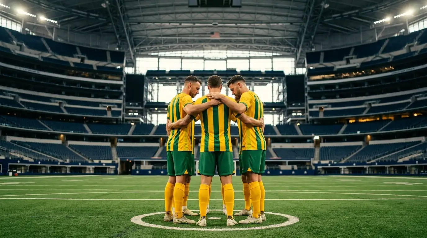 Socceroos players in green and gold before kickoff at the Round of 32 tie against Egypt in Arlington