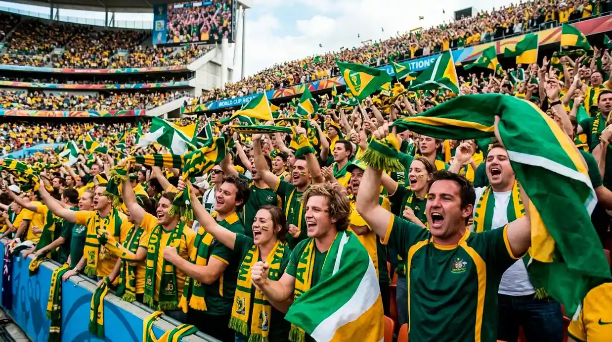 Australian Socceroos football fans in green and gold celebrating in the stands at a World Cup match