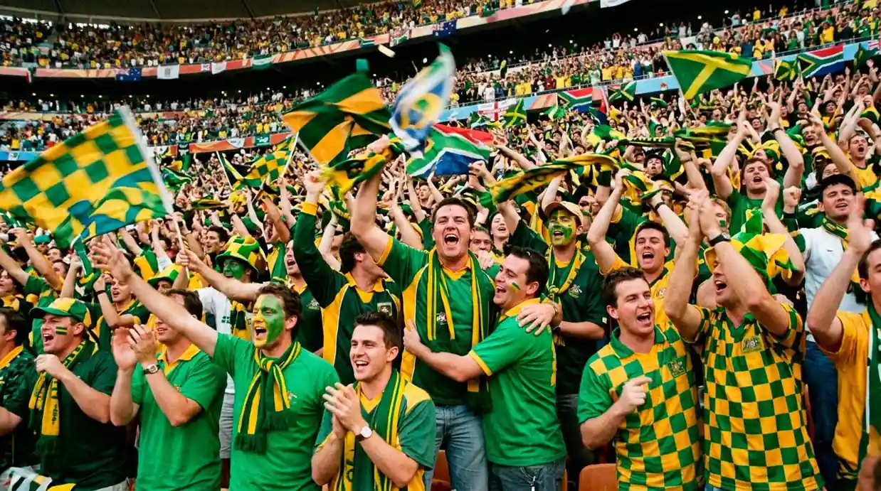 Australian Socceroos football fans in green and gold celebrating in the stands at a World Cup match