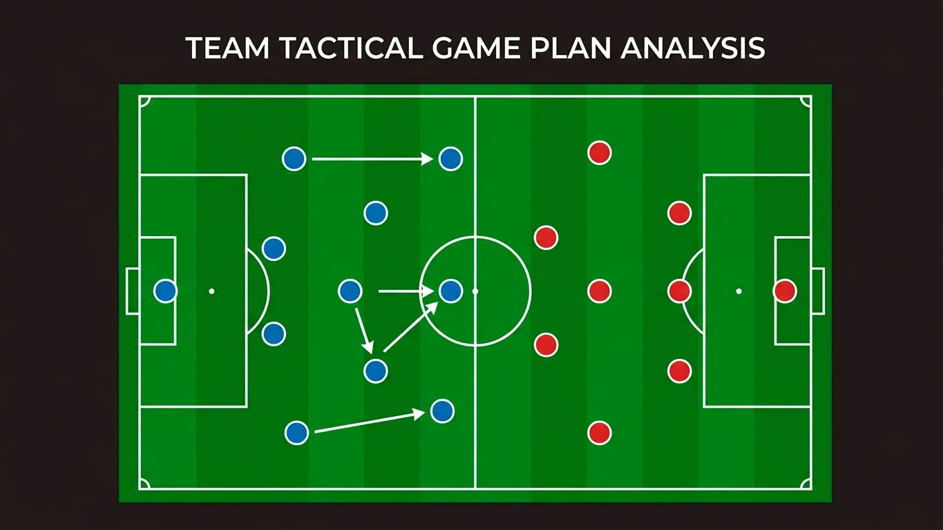 A tactical football pitch diagram with player position markers and arrows showing a match game plan