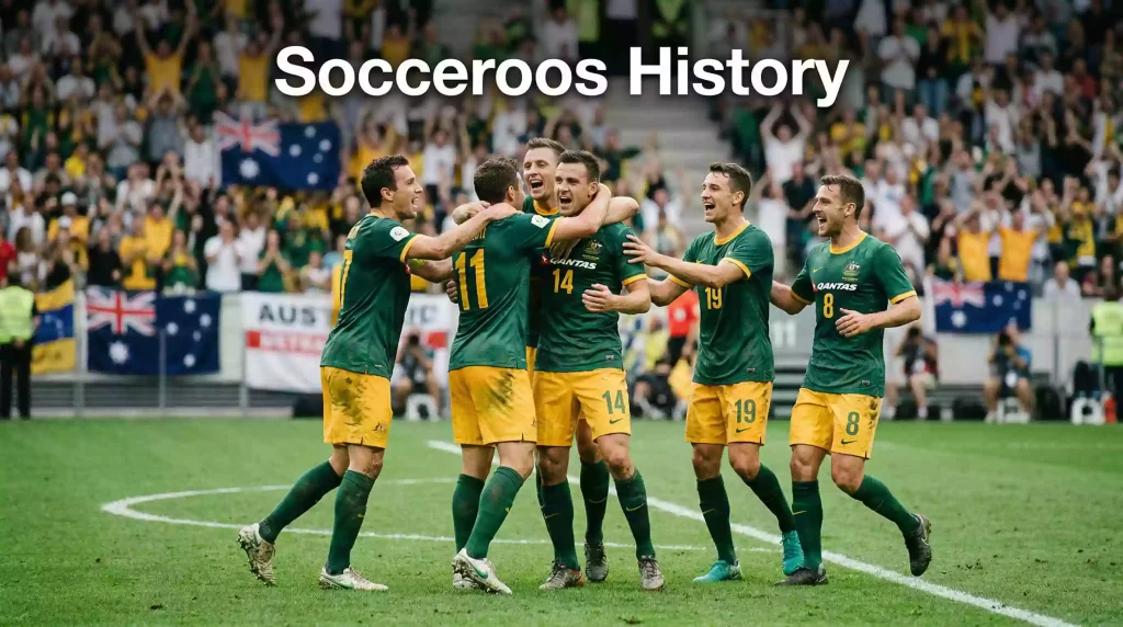 Socceroos players celebrating across multiple World Cup tournaments from 2006 to 2022