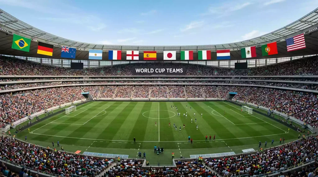 All 48 World Cup 2026 qualified nations represented by flags in a stadium setting with three host country venues visible
