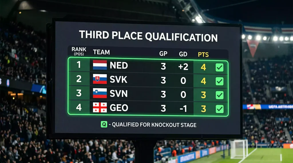 World Cup 2026 group standings showing third place teams qualifying for knockout rounds