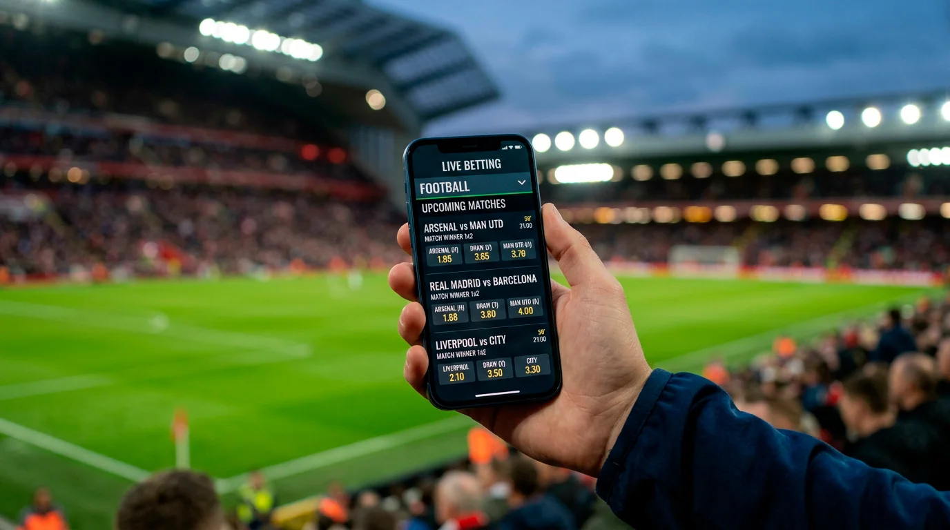 Close-up of a smartphone showing football betting odds with a stadium in the background