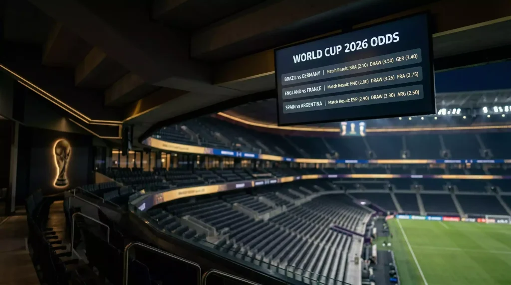 World Cup 2026 betting odds display showing tournament favourites and group winner markets with football stadium background
