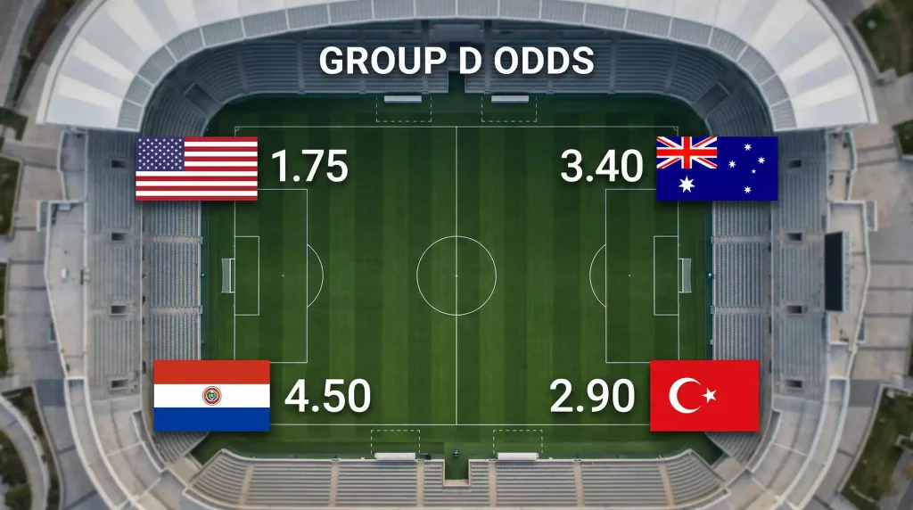 World Cup 2026 Group D analysis showing USA, Australia, Paraguay, and Türkiye odds comparison with stadium backdrop