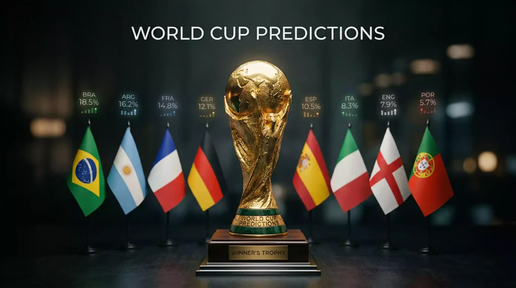 World Cup 2026 trophy with predictions analysis showing tournament bracket and favourite nations