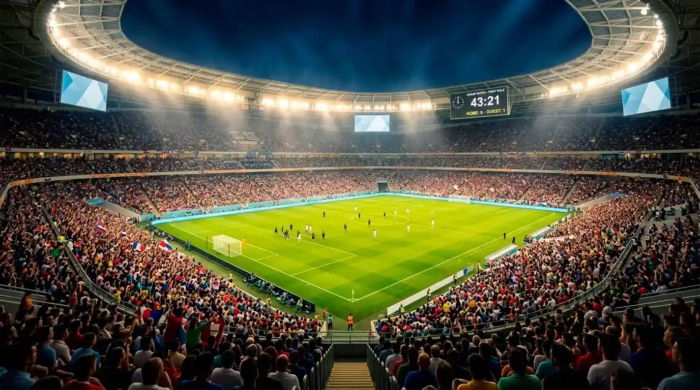 Football stadium at night with floodlights and a packed crowd during a World Cup 2026 group-stage match