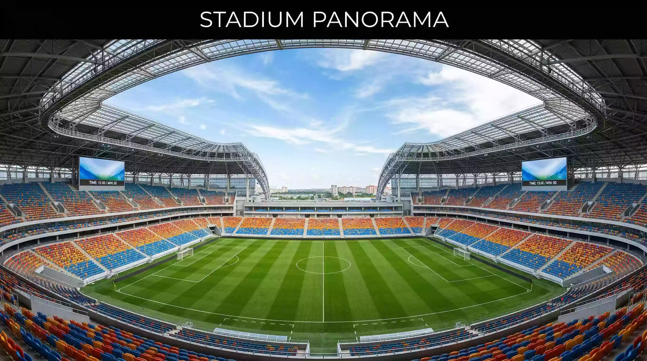 Panoramic view of a modern World Cup 2026 host stadium with green pitch and empty seats