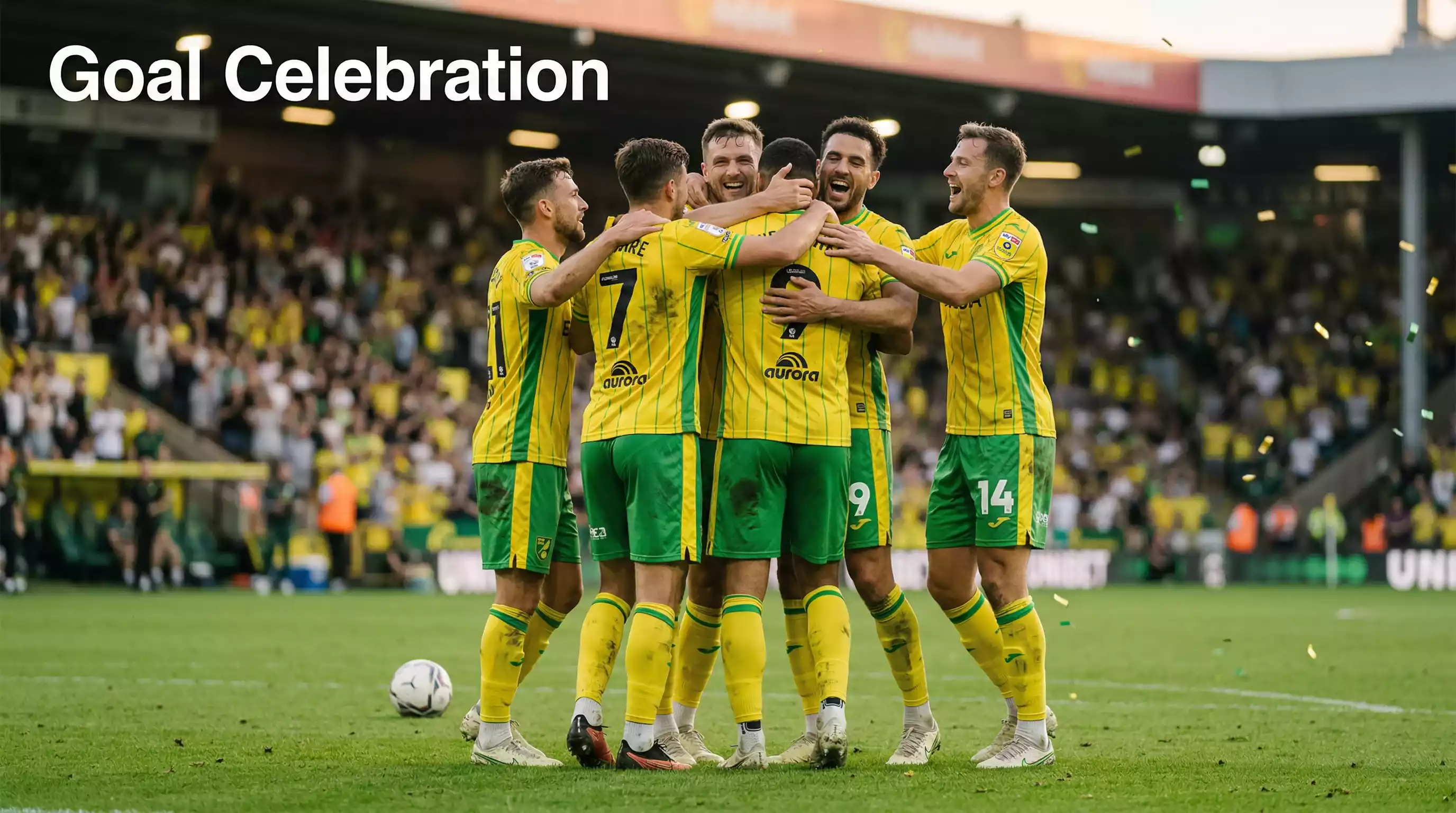 Football players celebrating a goal during World Cup match with confetti and crowd