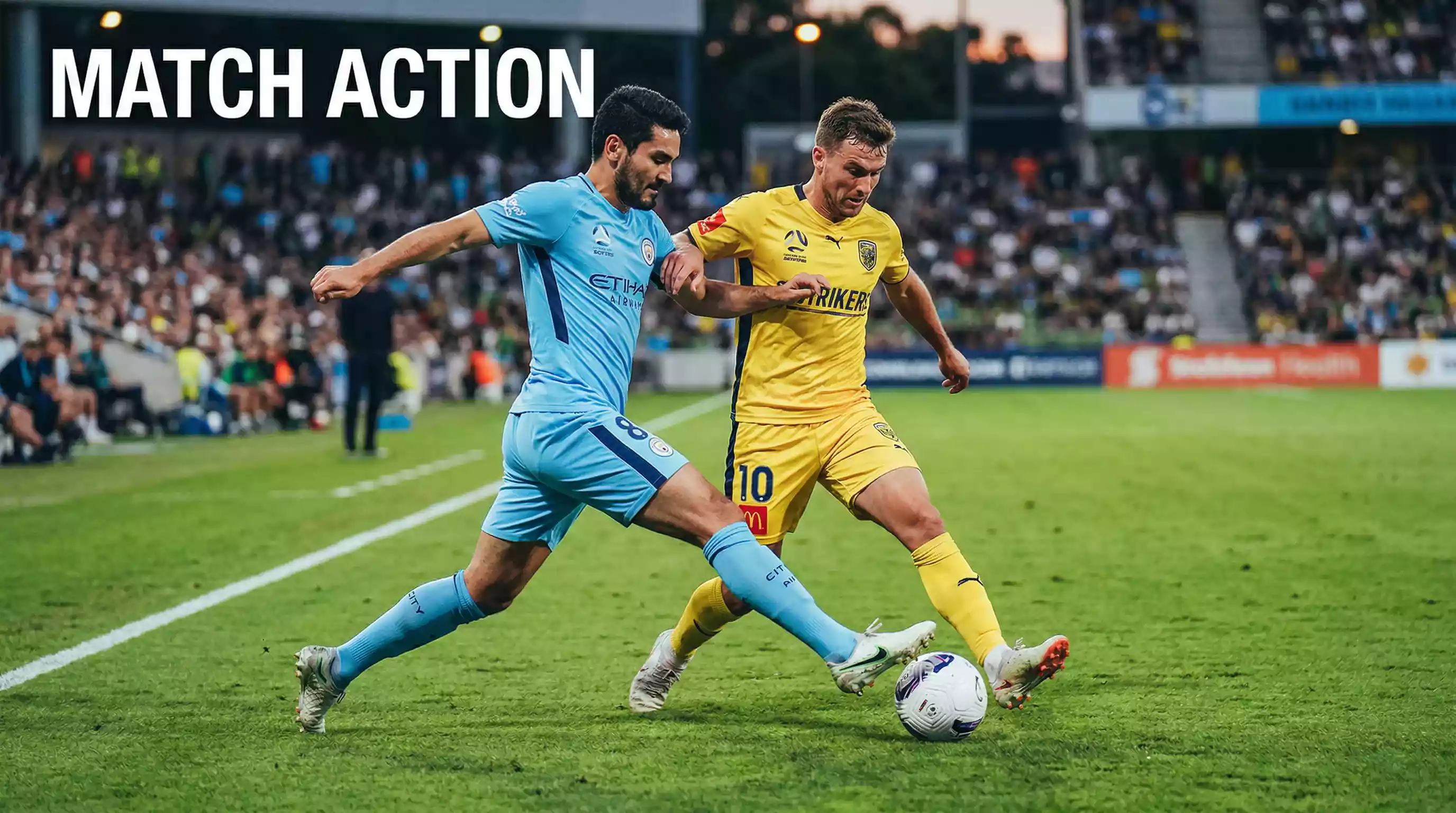 Professional football players competing for the ball during an intense World Cup match